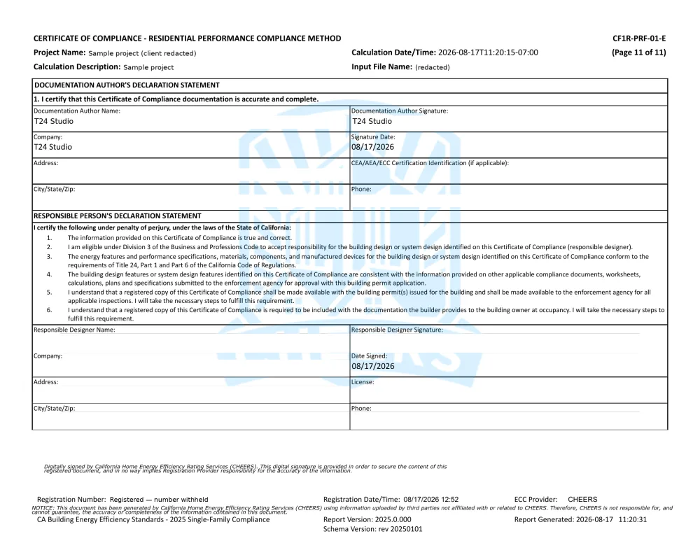 Final page of a CHEERS-registered CF1R certificate of compliance, showing the documentation author's declaration statement signed by T24 Studio, the CHEERS registered watermark and the registration date. Client and contact details are blanked out.